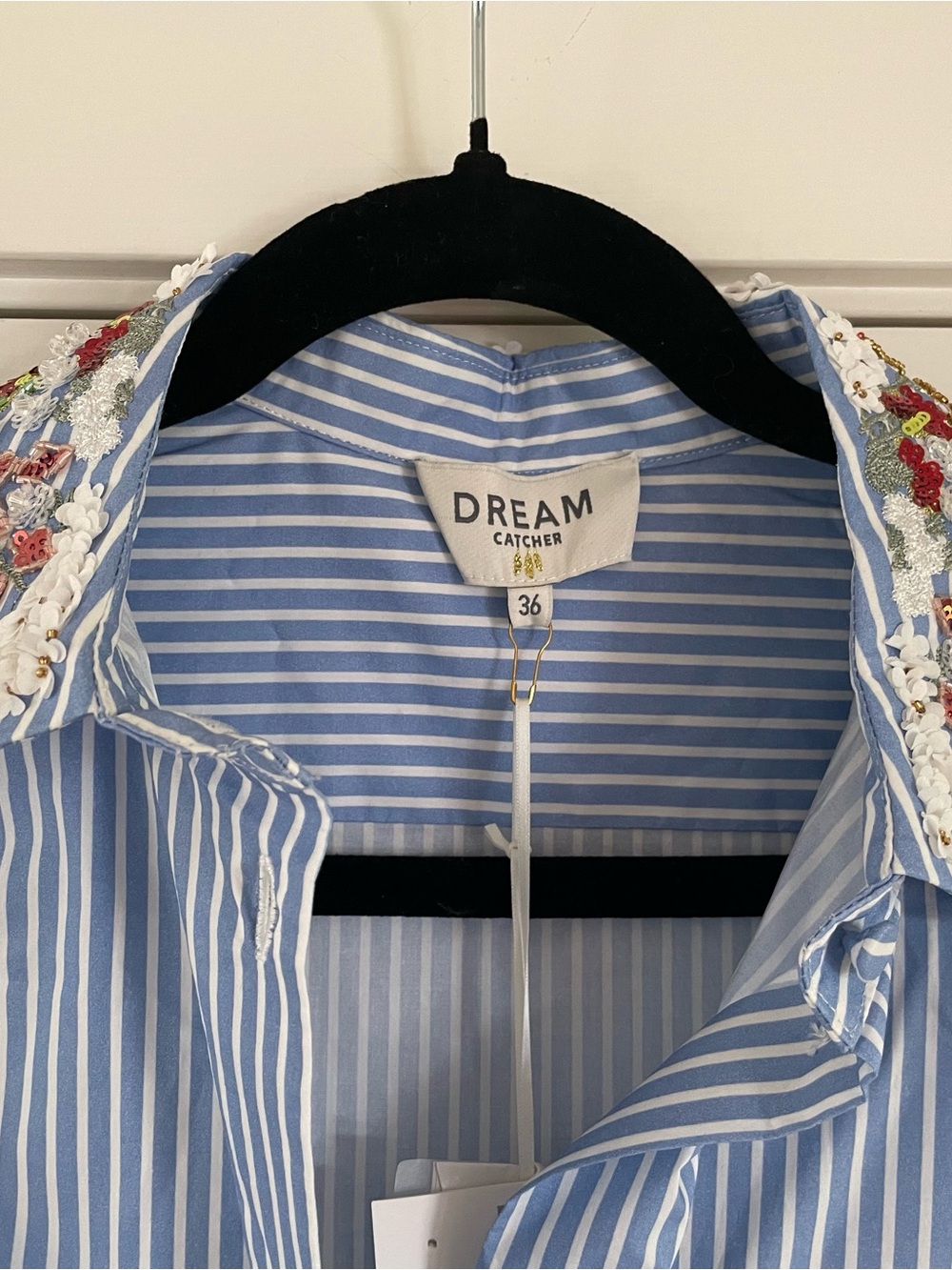 Dream Catcher Blue Stripe Floral-Collar Long Sleeve Shirt Dress NWT - Picture 3 of 5